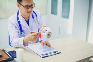 Ophthalmologist explaining eye diseases with model at examination table, discussing glaucoma, cataracts, and diabetic retinopathy in hospital clinic.