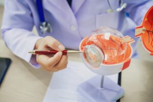 Ophthalmologist explaining glaucoma, cataracts, and diabetic retinopathy using an eye model during patient consultation in hospital exam room.